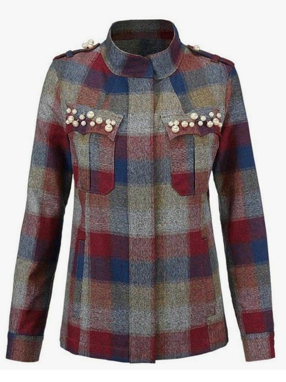 CAbi Collage Plaid Jacket 3555 XS Red Blue Pearl Embellished Cotton Shacket